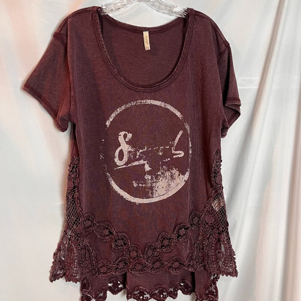 Women's Dk Red Free People Lace trimmed Short Slv T shirt size M